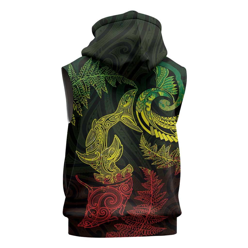 New Zealand Sea Animals with Maori Tribal Tattoo Sleeveless Zip Hoodie Shark Manta Ray with Silver Fern Reggae
