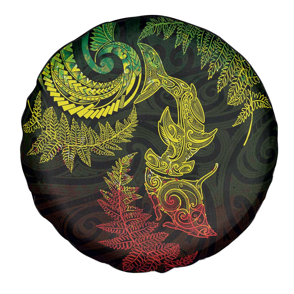 New Zealand Sea Animals with Maori Tribal Tattoo Spare Tire Cover Shark Manta Ray with Silver Fern Reggae