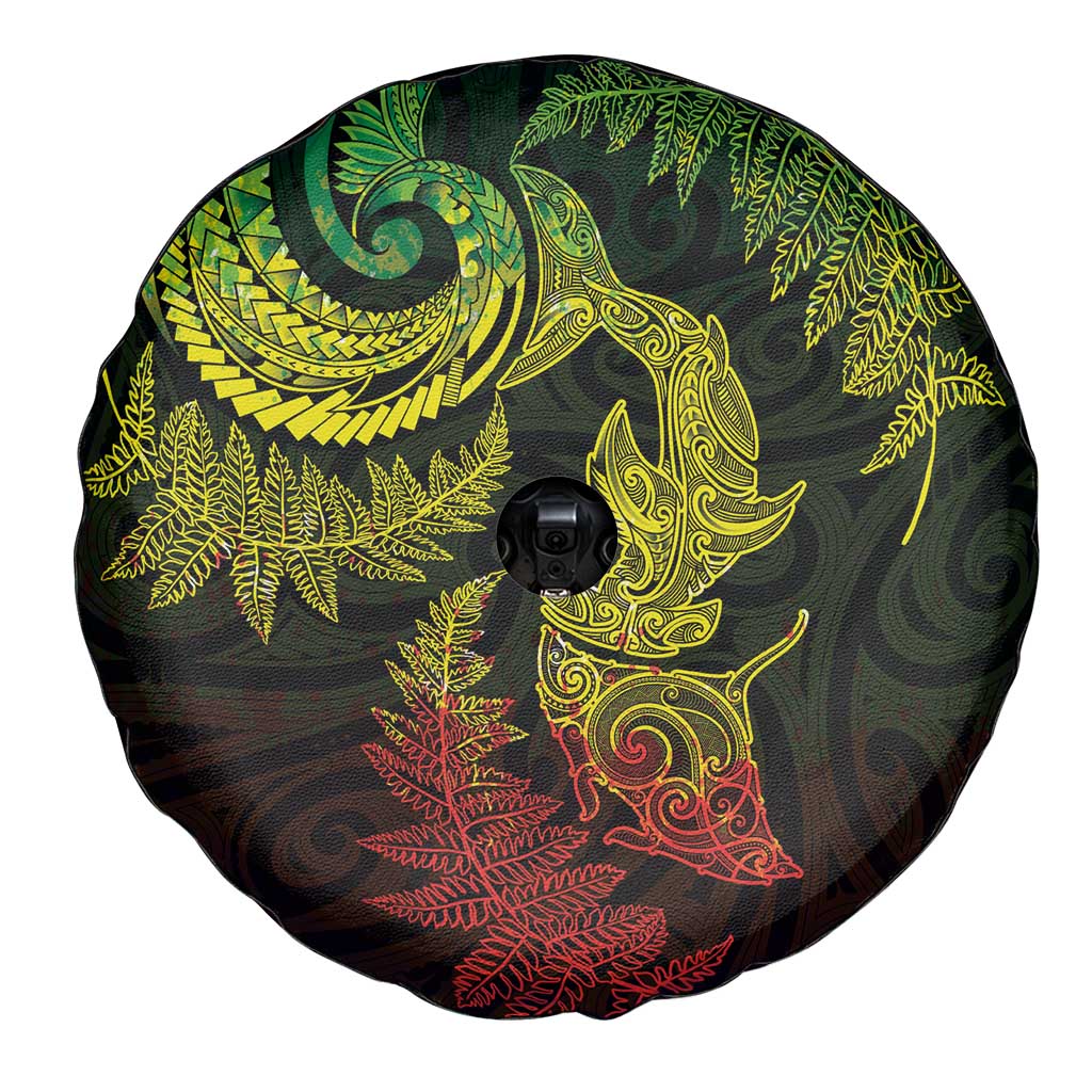 New Zealand Sea Animals with Maori Tribal Tattoo Spare Tire Cover Shark Manta Ray with Silver Fern Reggae