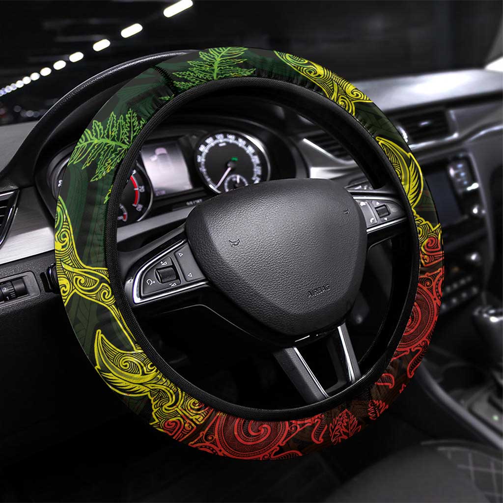 New Zealand Sea Animals with Maori Tribal Tattoo Steering Wheel Cover Shark Manta Ray with Silver Fern Reggae