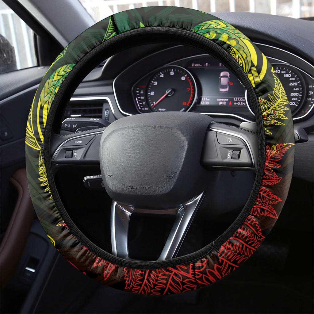 New Zealand Sea Animals with Maori Tribal Tattoo Steering Wheel Cover Shark Manta Ray with Silver Fern Reggae