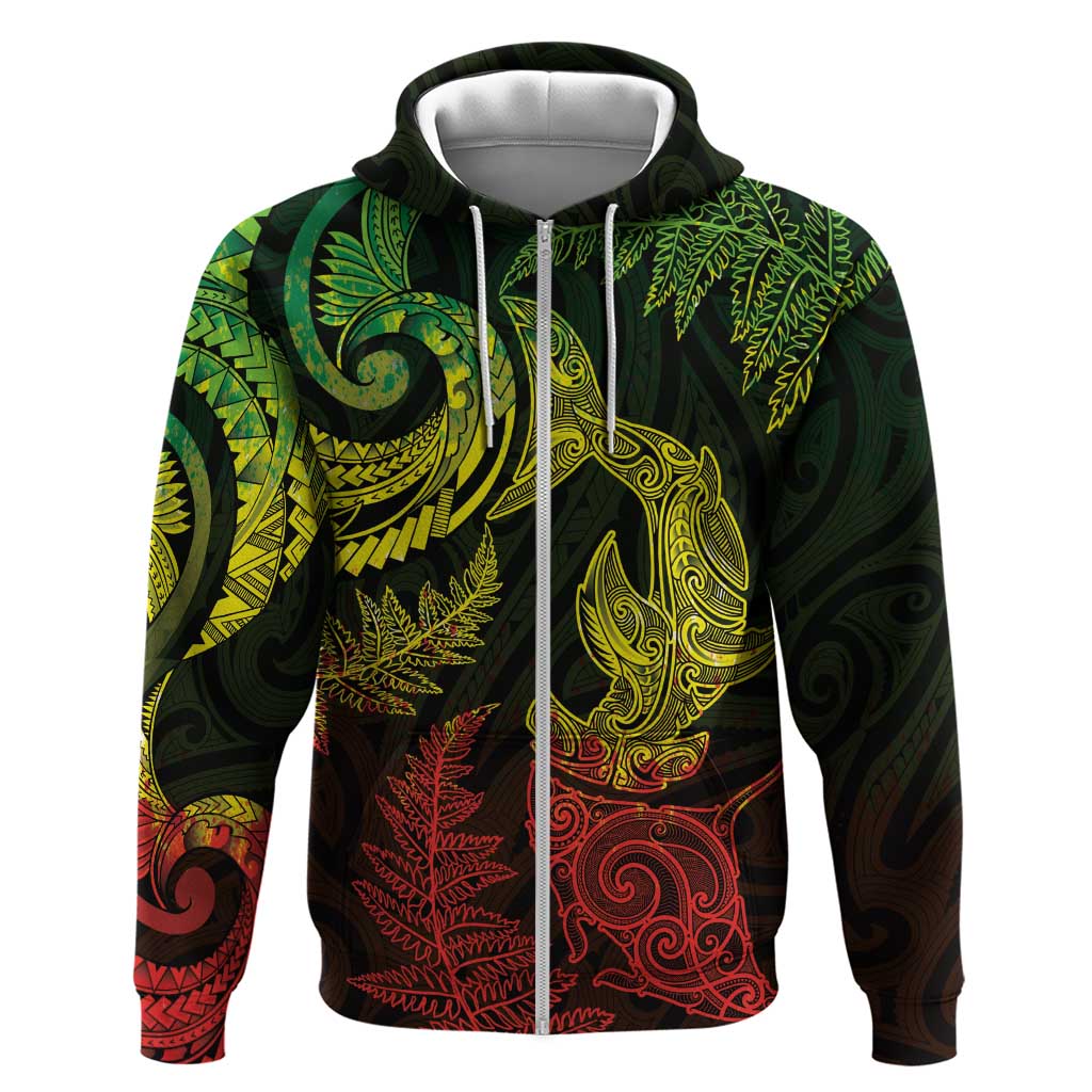 New Zealand Sea Animals with Maori Tribal Tattoo Zip Hoodie Shark Manta Ray with Silver Fern Reggae LT03 Zip Hoodie Reggae - Polynesian Pride