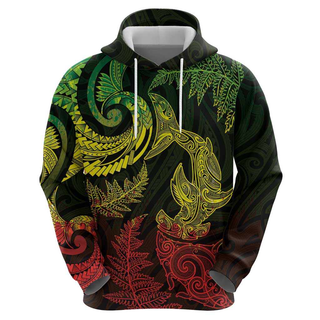 New Zealand Sea Animals with Maori Tribal Tattoo Zip Hoodie Shark Manta Ray with Silver Fern Reggae
