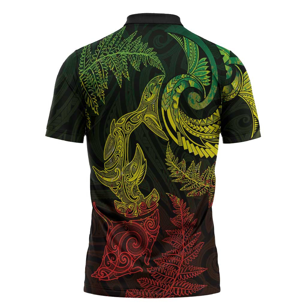 New Zealand Sea Animals with Maori Tribal Tattoo Zipper Polo Shirt Shark Manta Ray with Silver Fern Reggae