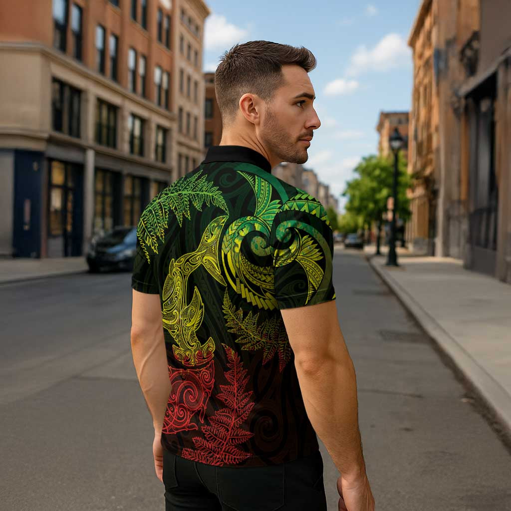 New Zealand Sea Animals with Maori Tribal Tattoo Zipper Polo Shirt Shark Manta Ray with Silver Fern Reggae