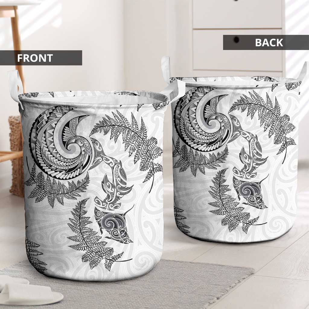 New Zealand Sea Animals with Maori Tribal Tattoo Laundry Basket Shark Manta Ray with Silver Fern White