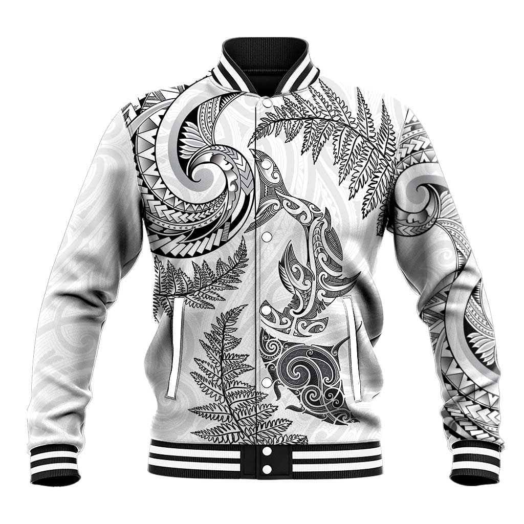 New Zealand Sea Animals with Maori Tribal Tattoo Baseball Jacket Shark Manta Ray with Silver Fern White