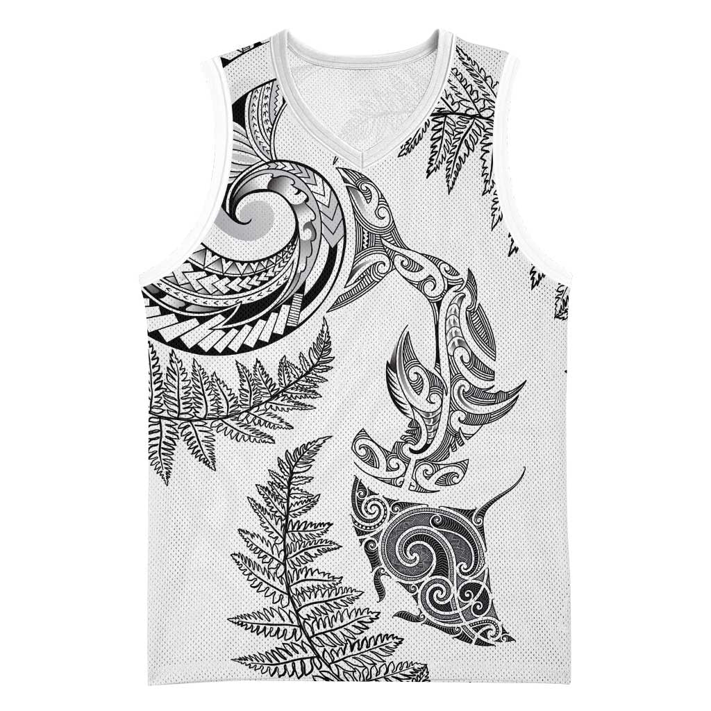 New Zealand Sea Animals with Maori Tribal Tattoo Basketball Jersey Shark Manta Ray with Silver Fern White