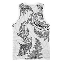 New Zealand Sea Animals with Maori Tribal Tattoo Basketball Jersey Shark Manta Ray with Silver Fern White