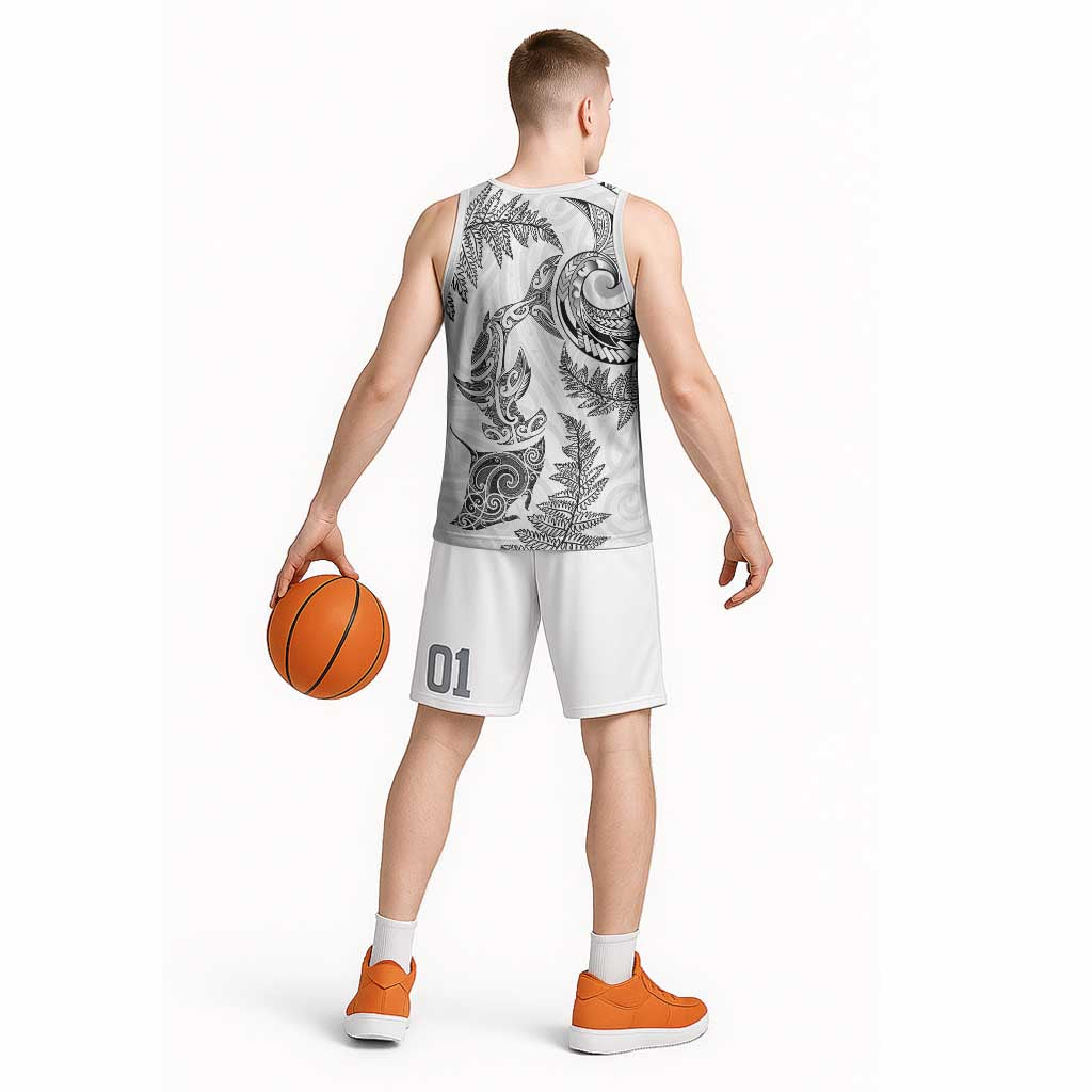 New Zealand Sea Animals with Maori Tribal Tattoo Basketball Jersey Shark Manta Ray with Silver Fern White
