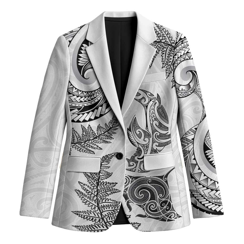 New Zealand Sea Animals with Maori Tribal Tattoo Blazer Shark Manta Ray with Silver Fern White