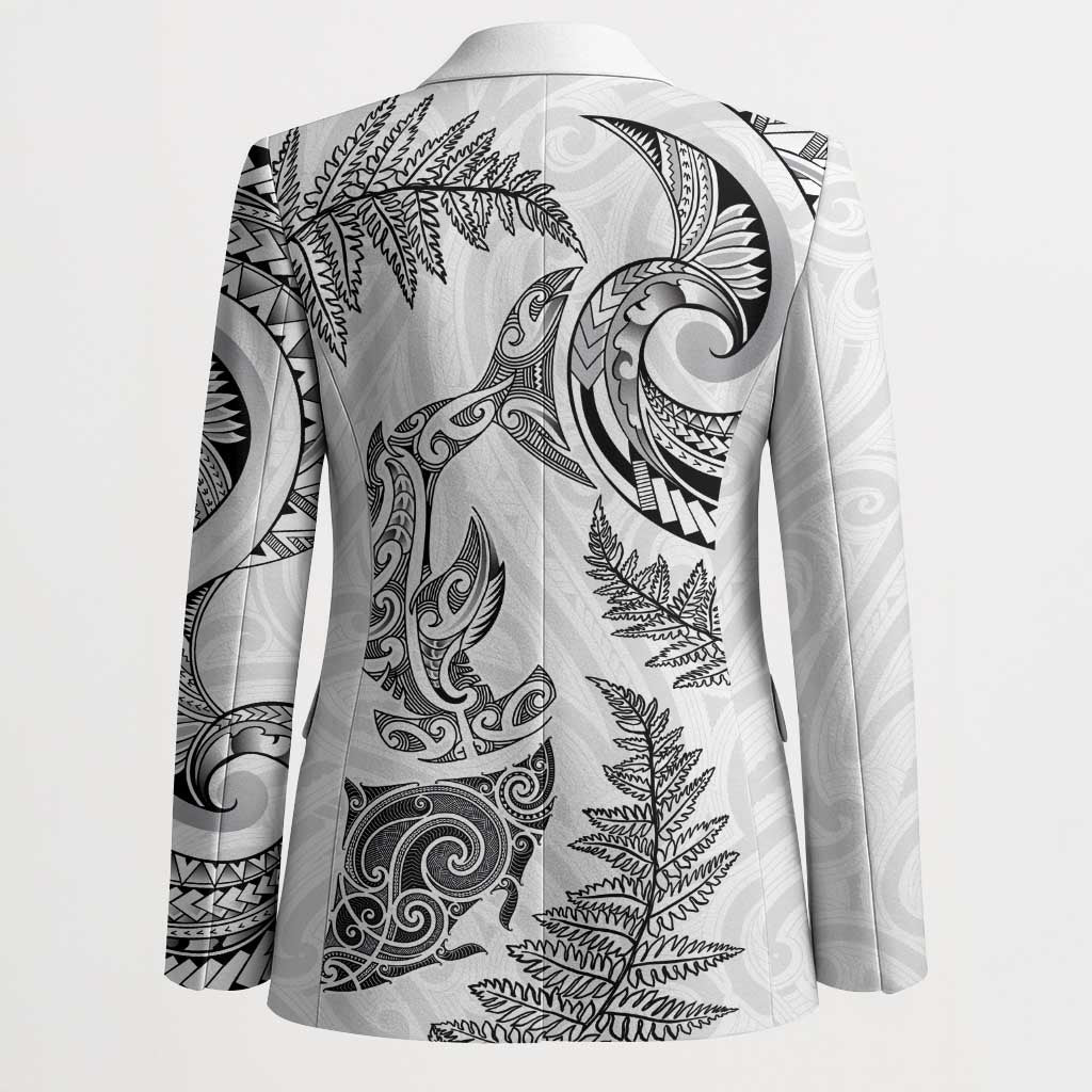 New Zealand Sea Animals with Maori Tribal Tattoo Blazer Shark Manta Ray with Silver Fern White