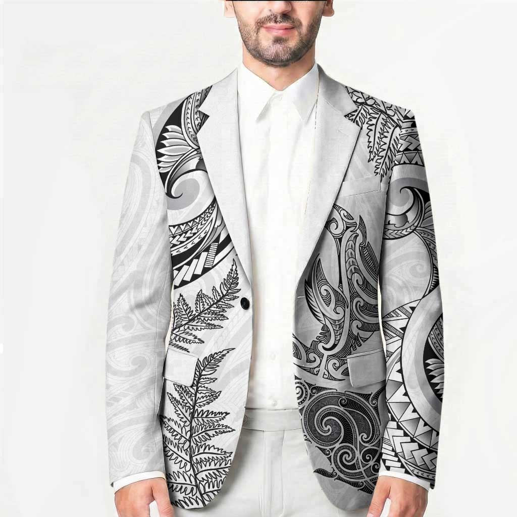 New Zealand Sea Animals with Maori Tribal Tattoo Blazer Shark Manta Ray with Silver Fern White