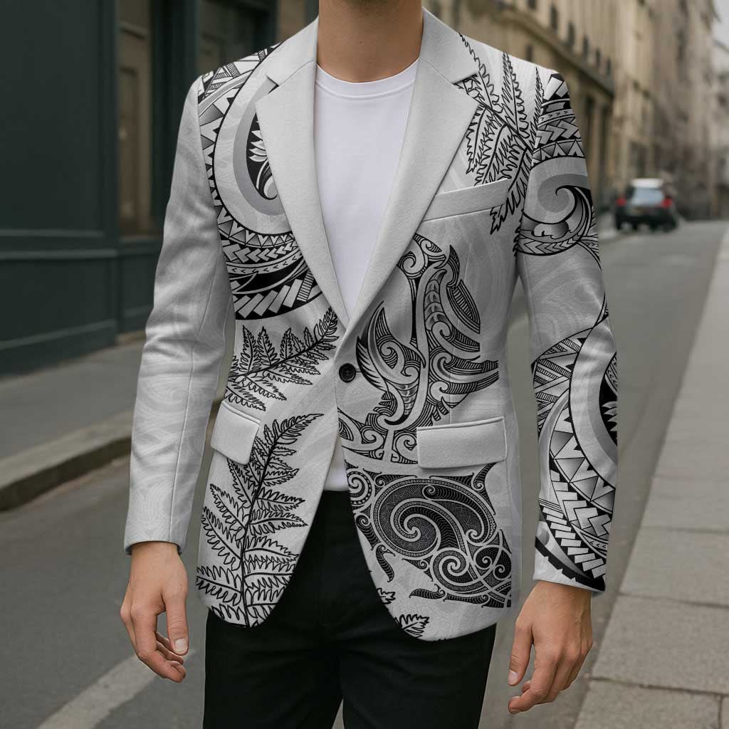 New Zealand Sea Animals with Maori Tribal Tattoo Blazer Shark Manta Ray with Silver Fern White