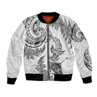 New Zealand Sea Animals with Maori Tribal Tattoo Bomber Jacket Shark Manta Ray with Silver Fern White