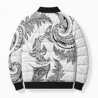 New Zealand Sea Animals with Maori Tribal Tattoo Bomber Puffer Jacket Shark Manta Ray with Silver Fern White