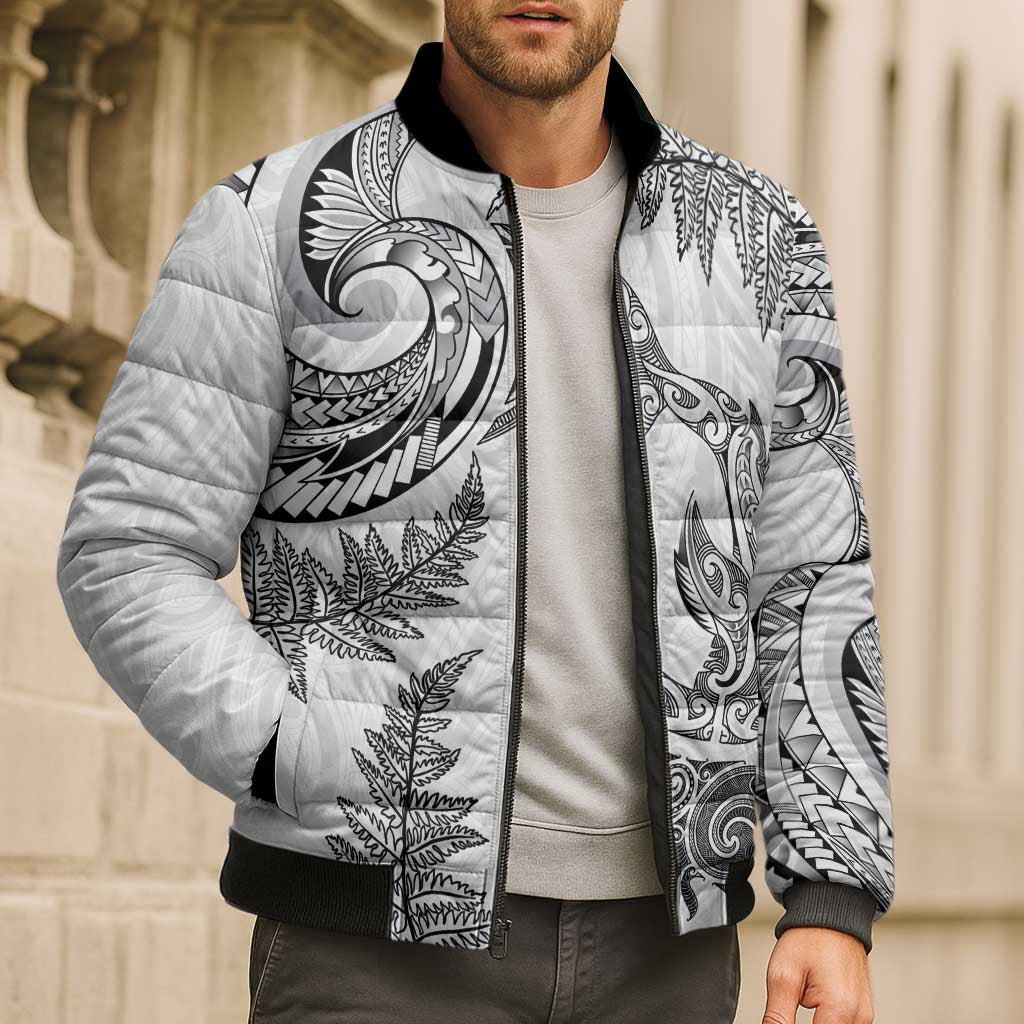 New Zealand Sea Animals with Maori Tribal Tattoo Bomber Puffer Jacket Shark Manta Ray with Silver Fern White