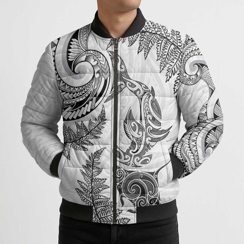 New Zealand Sea Animals with Maori Tribal Tattoo Bomber Puffer Jacket Shark Manta Ray with Silver Fern White