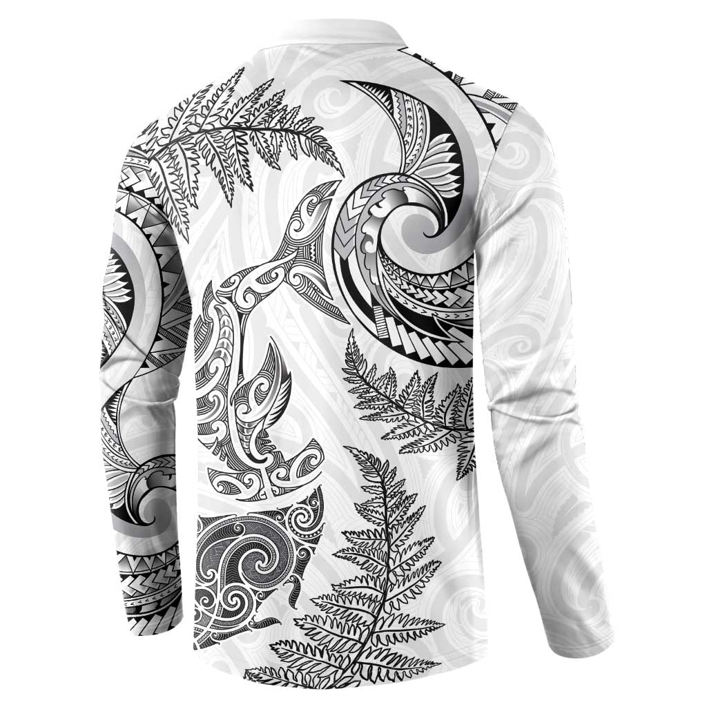 New Zealand Sea Animals with Maori Tribal Tattoo Button Sweatshirt Shark Manta Ray with Silver Fern White