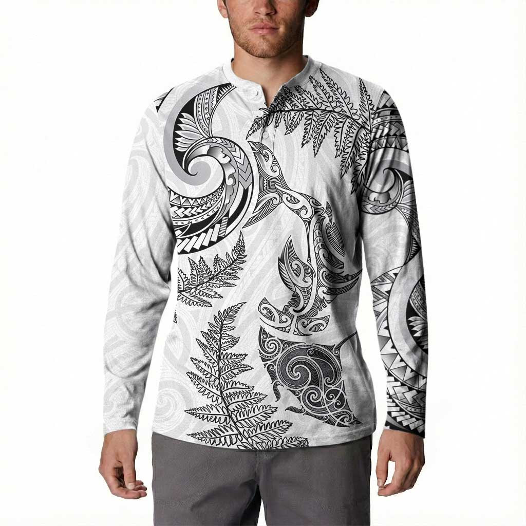 New Zealand Sea Animals with Maori Tribal Tattoo Button Sweatshirt Shark Manta Ray with Silver Fern White