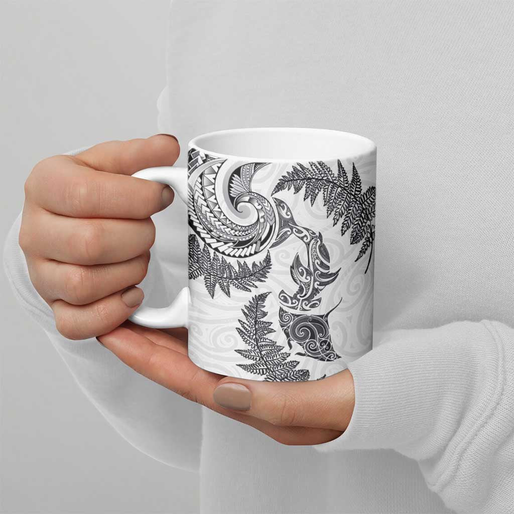 New Zealand Sea Animals with Maori Tribal Tattoo Ceramic Mug Shark Manta Ray with Silver Fern White