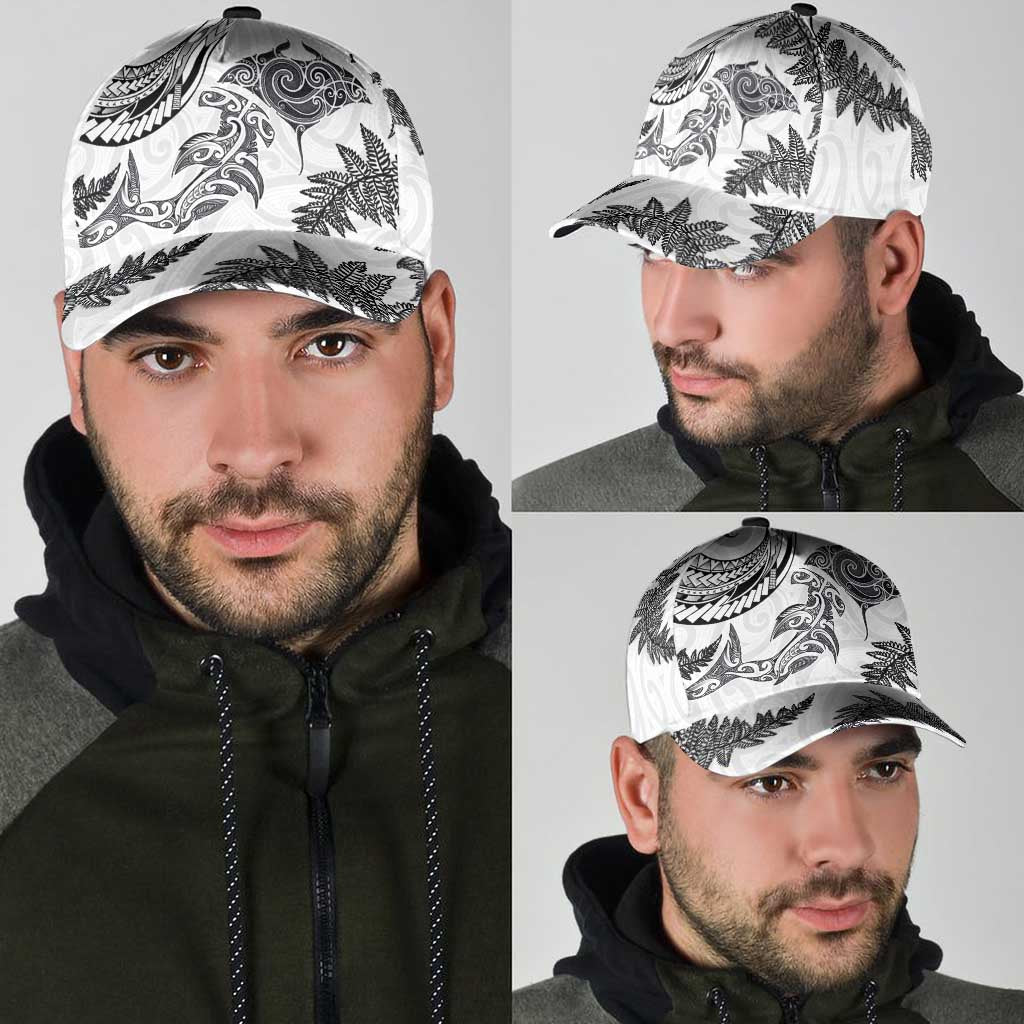 New Zealand Sea Animals with Maori Tribal Tattoo Classic Cap Shark Manta Ray with Silver Fern White