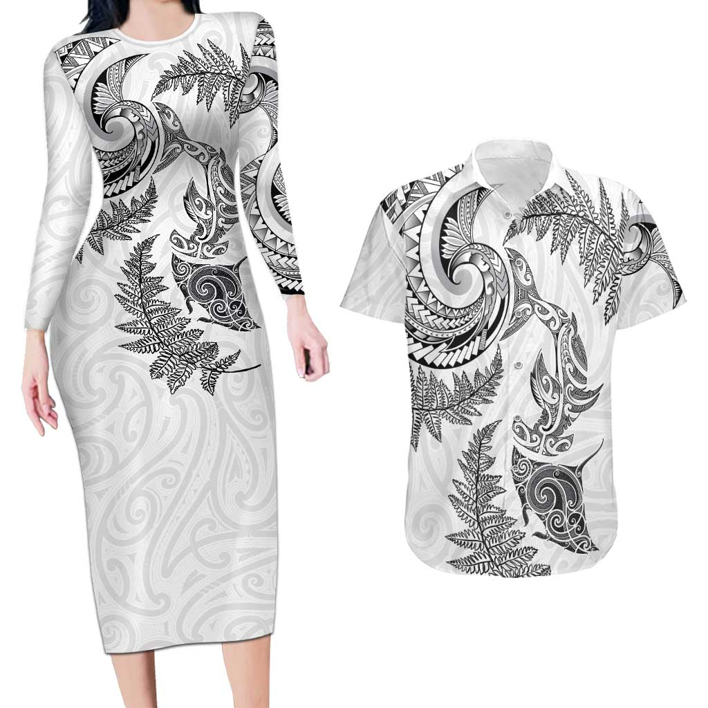 New Zealand Sea Animals with Maori Tribal Tattoo Couples Matching Long Sleeve Bodycon Dress and Hawaiian Shirt Shark Manta Ray with Silver Fern White