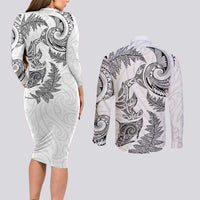 New Zealand Sea Animals with Maori Tribal Tattoo Couples Matching Long Sleeve Bodycon Dress and Long Sleeve Button Shirt Shark Manta Ray with Silver Fern White