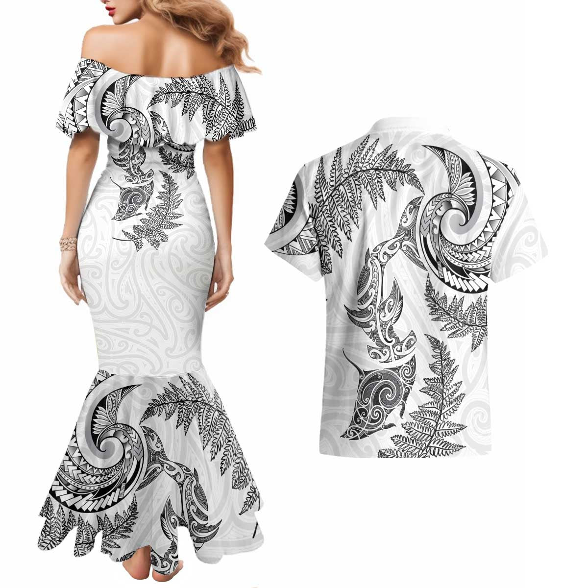 New Zealand Sea Animals with Maori Tribal Tattoo Couples Matching Mermaid Dress and Hawaiian Shirt Shark Manta Ray with Silver Fern White