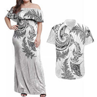New Zealand Sea Animals with Maori Tribal Tattoo Couples Matching Off Shoulder Maxi Dress and Hawaiian Shirt Shark Manta Ray with Silver Fern White
