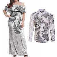 New Zealand Sea Animals with Maori Tribal Tattoo Couples Matching Off Shoulder Maxi Dress and Long Sleeve Button Shirt Shark Manta Ray with Silver Fern White