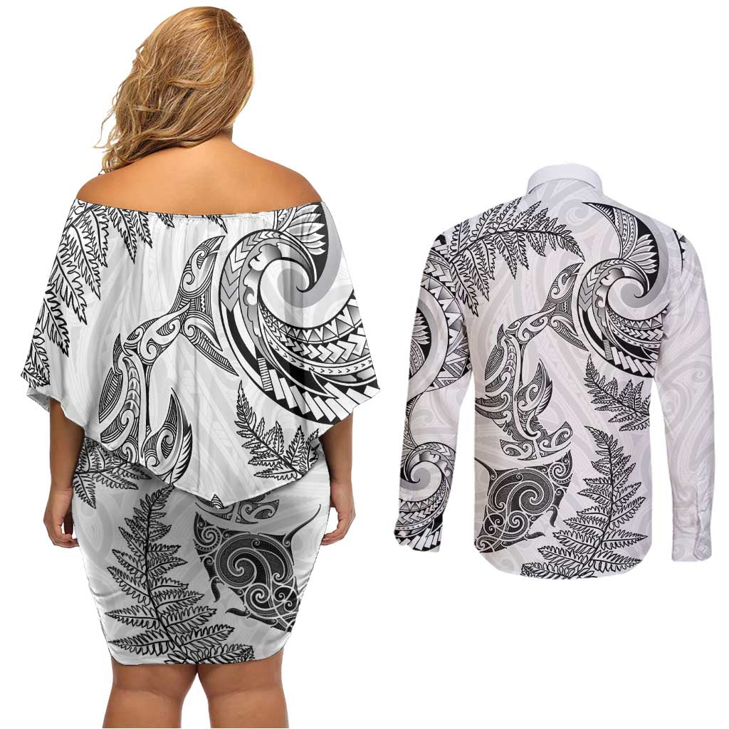 New Zealand Sea Animals with Maori Tribal Tattoo Couples Matching Off Shoulder Short Dress and Long Sleeve Button Shirt Shark Manta Ray with Silver Fern White