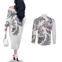 New Zealand Sea Animals with Maori Tribal Tattoo Couples Matching Off The Shoulder Long Sleeve Dress and Long Sleeve Button Shirt Shark Manta Ray with Silver Fern White