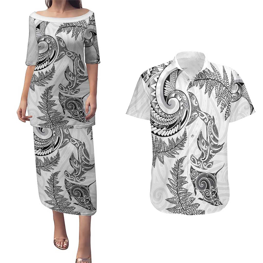 New Zealand Sea Animals with Maori Tribal Tattoo Couples Matching Puletasi and Hawaiian Shirt Shark Manta Ray with Silver Fern White