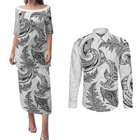 New Zealand Sea Animals with Maori Tribal Tattoo Couples Matching Puletasi and Long Sleeve Button Shirt Shark Manta Ray with Silver Fern White