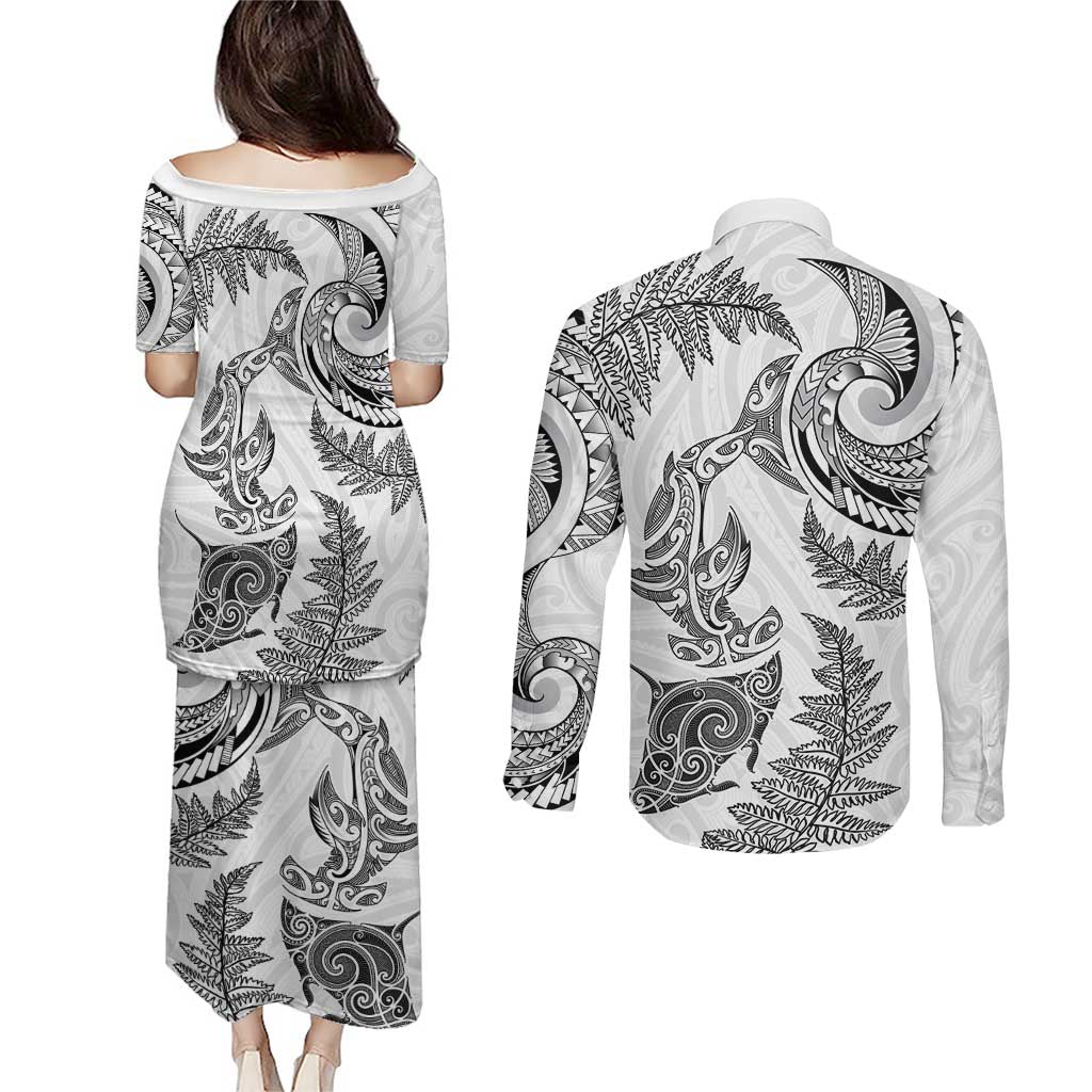New Zealand Sea Animals with Maori Tribal Tattoo Couples Matching Puletasi and Long Sleeve Button Shirt Shark Manta Ray with Silver Fern White
