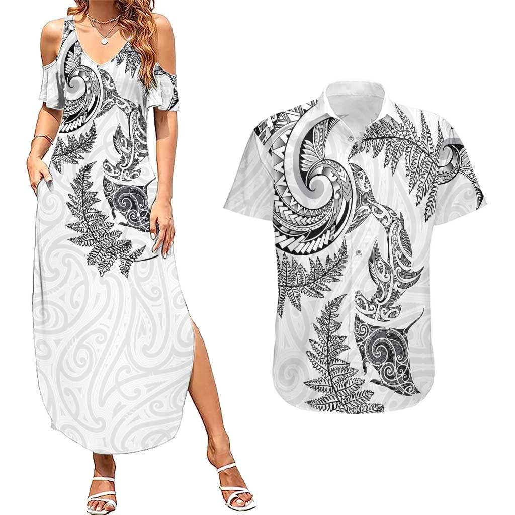 New Zealand Sea Animals with Maori Tribal Tattoo Couples Matching Summer Maxi Dress and Hawaiian Shirt Shark Manta Ray with Silver Fern White