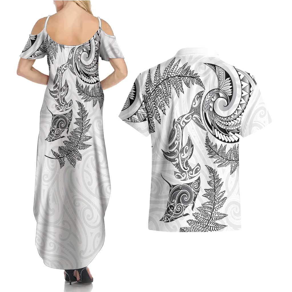 New Zealand Sea Animals with Maori Tribal Tattoo Couples Matching Summer Maxi Dress and Hawaiian Shirt Shark Manta Ray with Silver Fern White