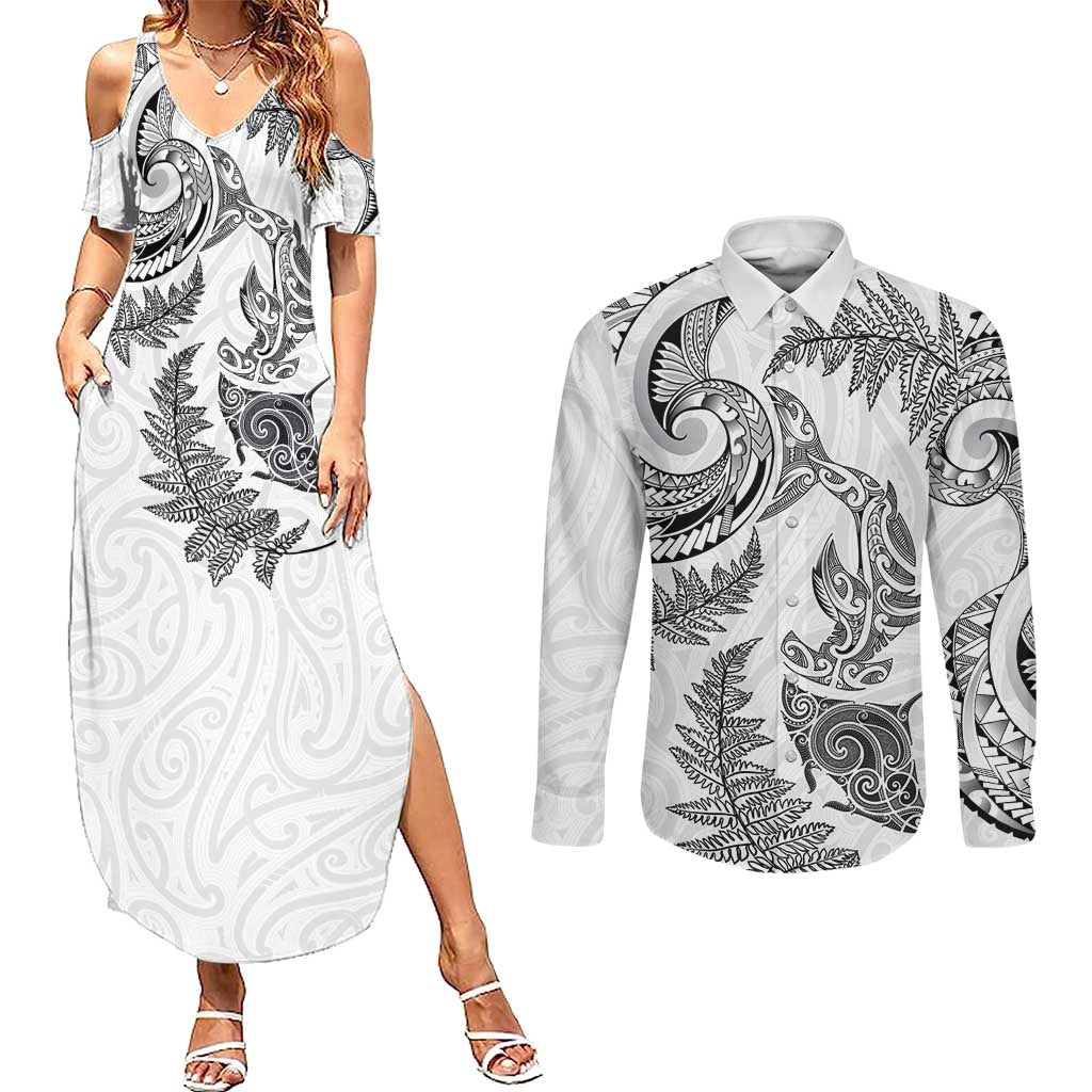 New Zealand Sea Animals with Maori Tribal Tattoo Couples Matching Summer Maxi Dress and Long Sleeve Button Shirt Shark Manta Ray with Silver Fern White