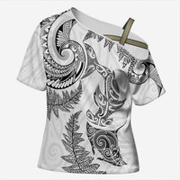 New Zealand Sea Animals with Maori Tribal Tattoo Cross Shoulder Shirt Shark Manta Ray with Silver Fern White