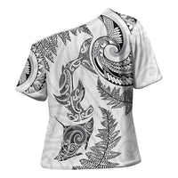 New Zealand Sea Animals with Maori Tribal Tattoo Cross Shoulder Shirt Shark Manta Ray with Silver Fern White