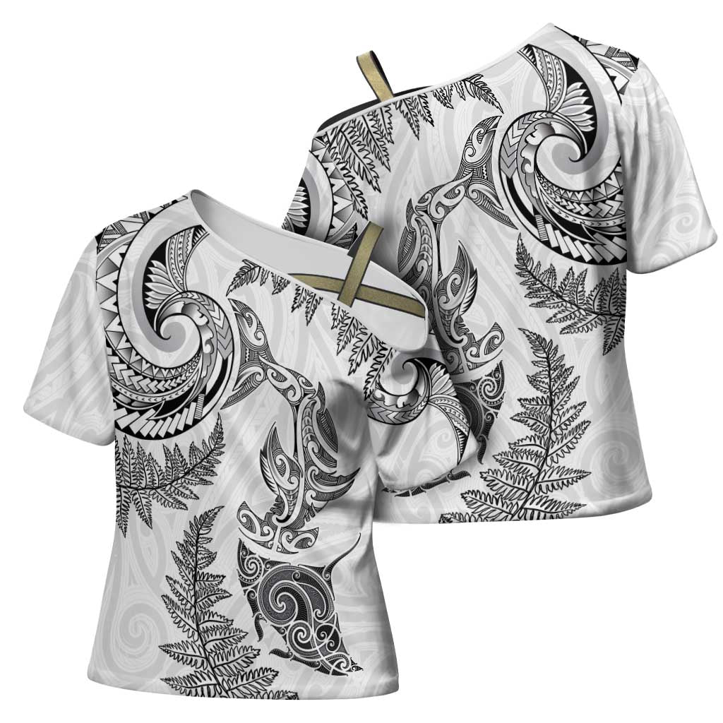 New Zealand Sea Animals with Maori Tribal Tattoo Cross Shoulder Shirt Shark Manta Ray with Silver Fern White