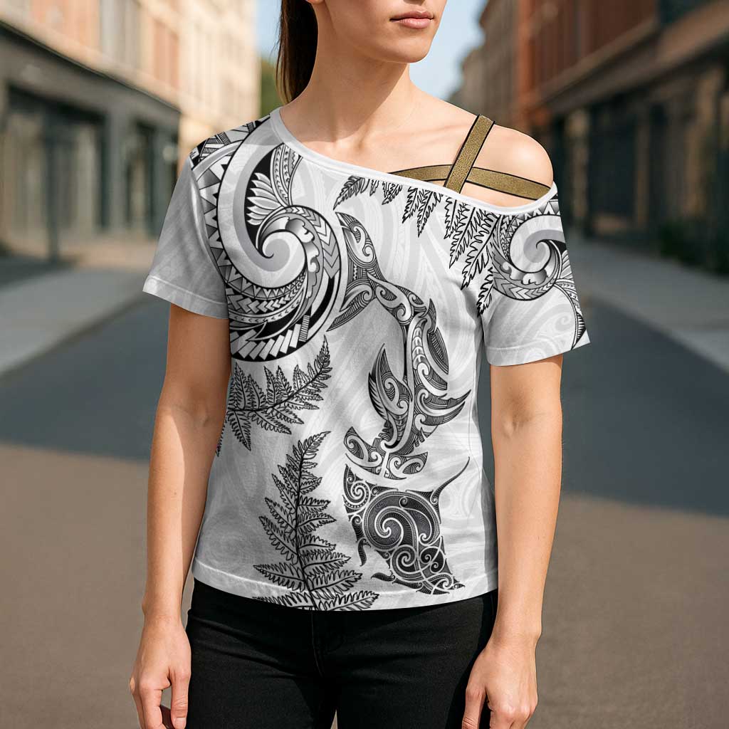 New Zealand Sea Animals with Maori Tribal Tattoo Cross Shoulder Shirt Shark Manta Ray with Silver Fern White