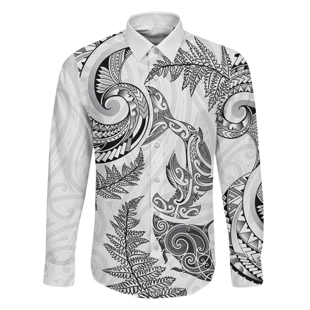 New Zealand Sea Animals with Maori Tribal Tattoo Family Matching Long Sleeve Bodycon Dress and Hawaiian Shirt Shark Manta Ray with Silver Fern White