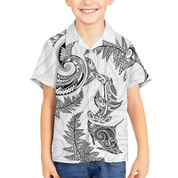 New Zealand Sea Animals with Maori Tribal Tattoo Family Matching Off The Shoulder Long Sleeve Dress and Hawaiian Shirt Shark Manta Ray with Silver Fern White