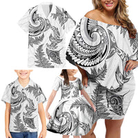 New Zealand Sea Animals with Maori Tribal Tattoo Family Matching Off Shoulder Short Dress and Hawaiian Shirt Shark Manta Ray with Silver Fern White