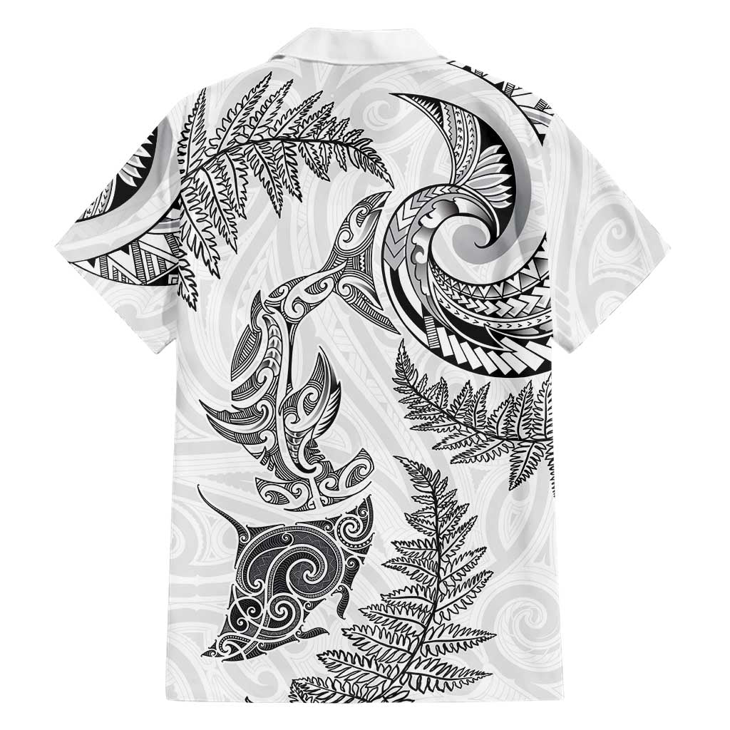 New Zealand Sea Animals with Maori Tribal Tattoo Family Matching Off Shoulder Short Dress and Hawaiian Shirt Shark Manta Ray with Silver Fern White