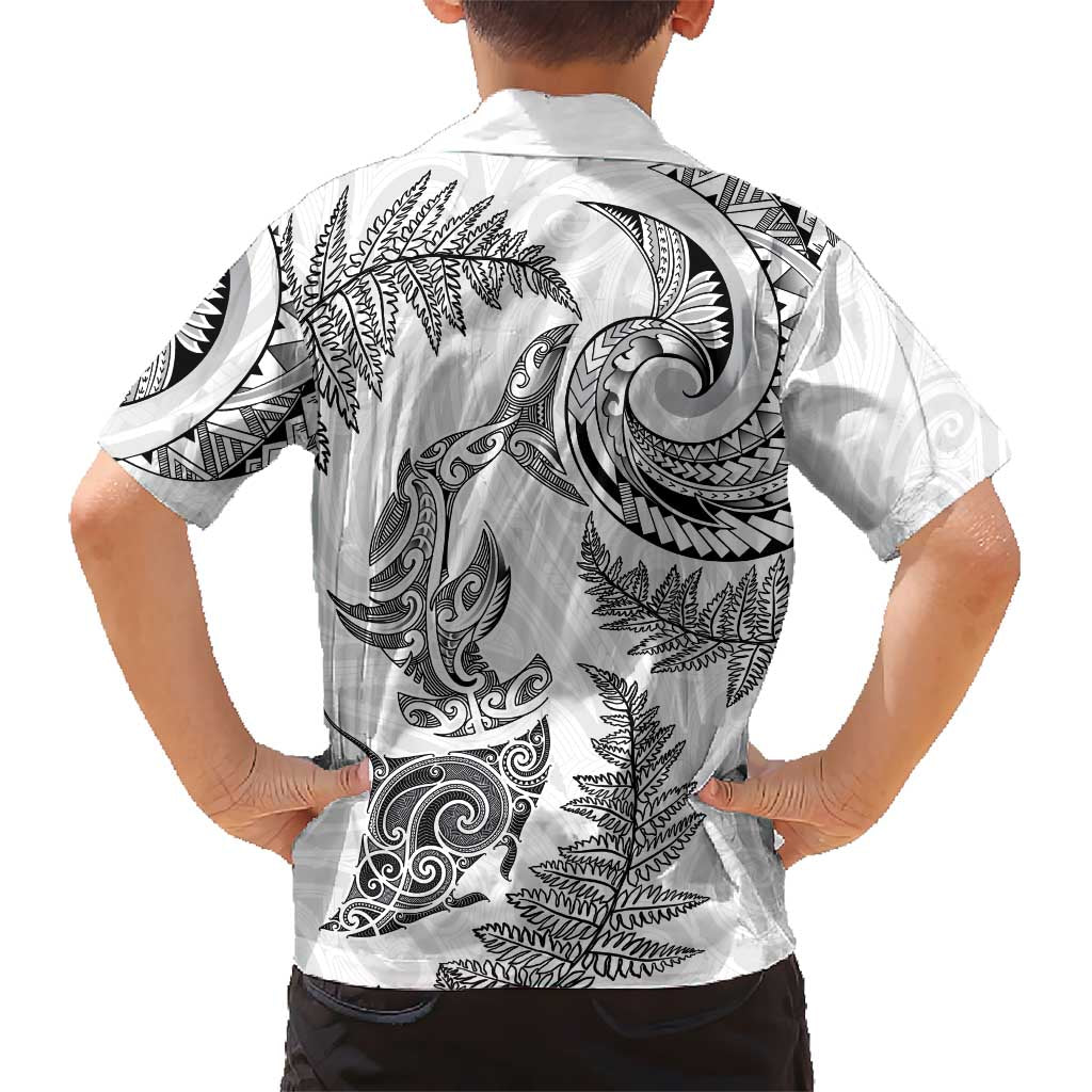 New Zealand Sea Animals with Maori Tribal Tattoo Family Matching Short Sleeve Bodycon Dress and Hawaiian Shirt Shark Manta Ray with Silver Fern White