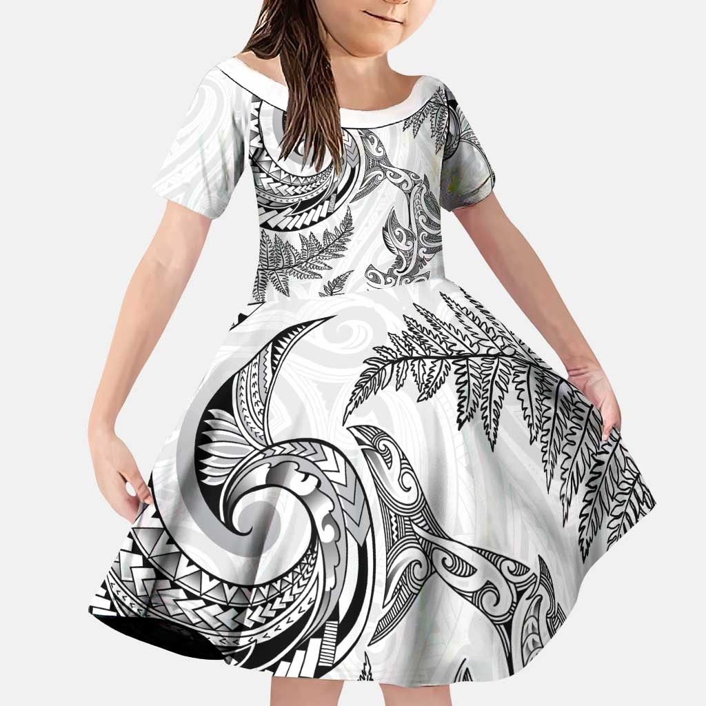 New Zealand Sea Animals with Maori Tribal Tattoo Family Matching Summer Maxi Dress and Hawaiian Shirt Shark Manta Ray with Silver Fern White