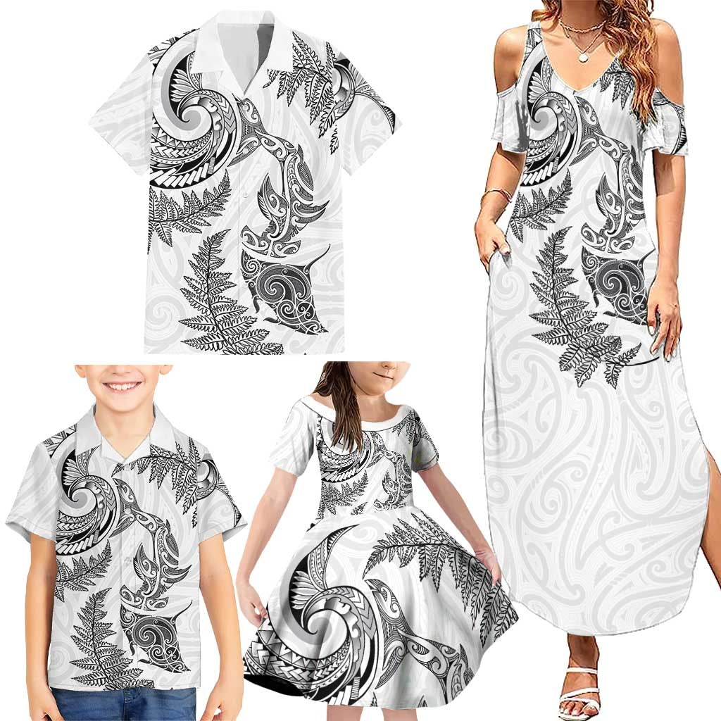 New Zealand Sea Animals with Maori Tribal Tattoo Family Matching Summer Maxi Dress and Hawaiian Shirt Shark Manta Ray with Silver Fern White